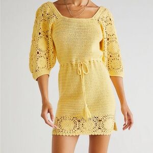 SPELL x Free People Let The Sunshine In Mini Dress Yellow Crochet Size M NWT$269
